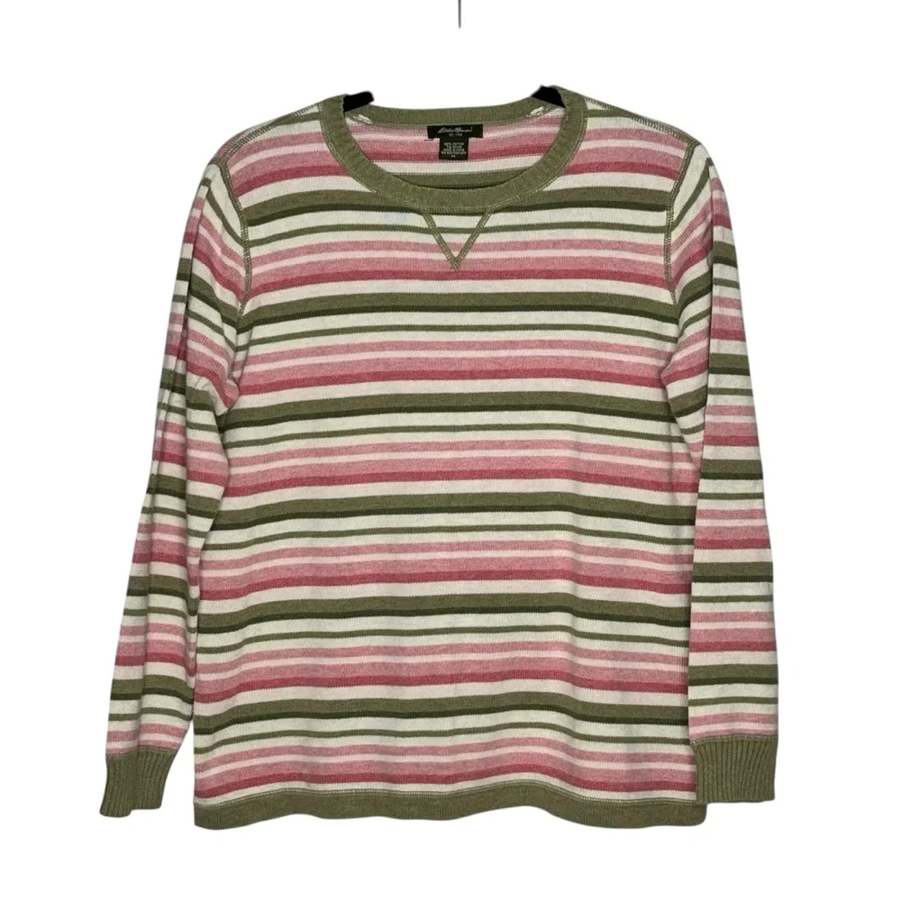 Eddie Bauer Size Medium Pink/Green/White Striped Cotton/Nylon Crew Neck Sweater